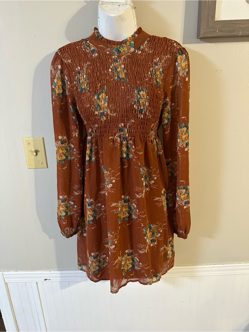 As U Wish Rust Floral Smocked Long Sleeve Mini Dress